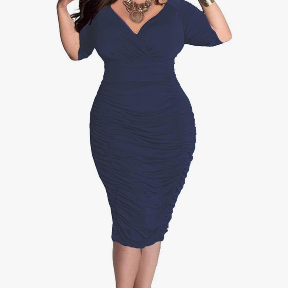 LIKE NEW Navy Blue Ruched V-Neck Midi Dress